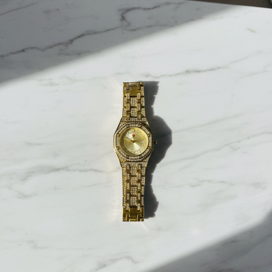Luxury Gold Diamond-Studded Wrist Watch – Premium Designer Style Quartz Watch for Men & Women