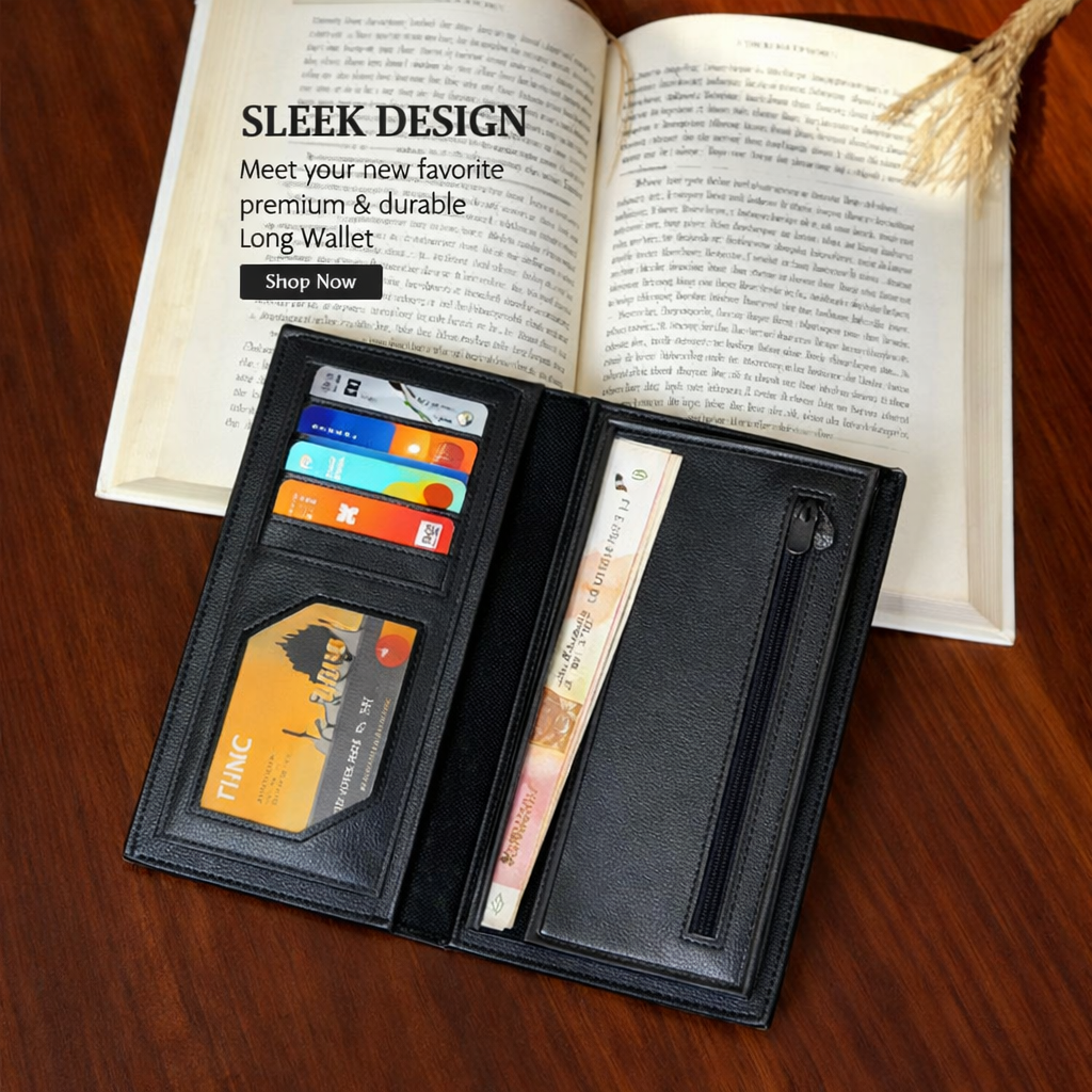 New Design Long Wallet for Men & Women | 12 Card Slots | Half Zip Pocket - Black