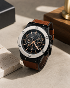 Men's Chronograph Watch Brown Leather Strap Stainless Steel