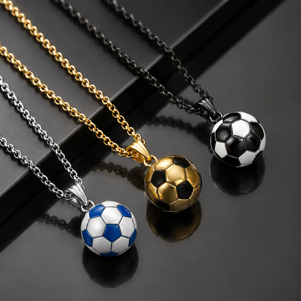 Football Necklace for Men Stainless Steel 3.0mm Chain Gold Black Blue