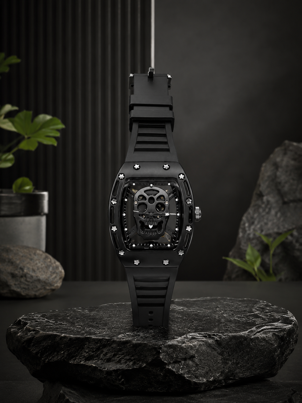 Skull Transparent Skeleton Matte Sport Watch – Luxury Metal Tonneau Style Wristwatch with Silicone Strap (Black)