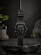 Skull Transparent Skeleton Matte Sport Watch – Luxury Metal Tonneau Style Wristwatch with Silicone Strap (Black)