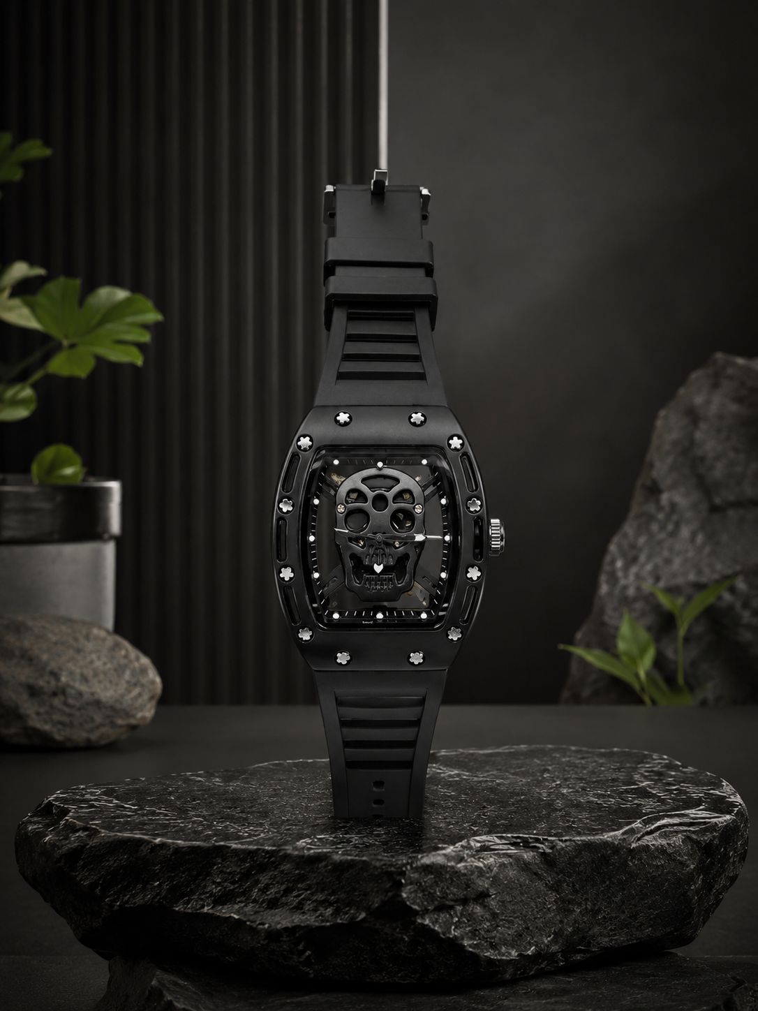 Skull Transparent Skeleton Matte Sport Watch – Luxury Metal Tonneau Style Wristwatch with Silicone Strap (Black)