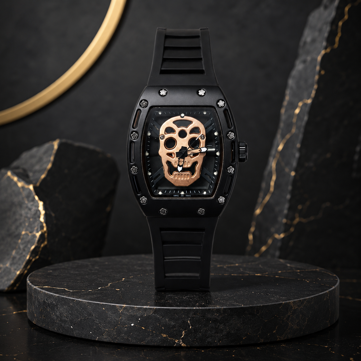 Skull Transparent Skeleton Matte Sport Watch – Luxury Metal Tonneau Style Wristwatch with Silicone Strap (Black)