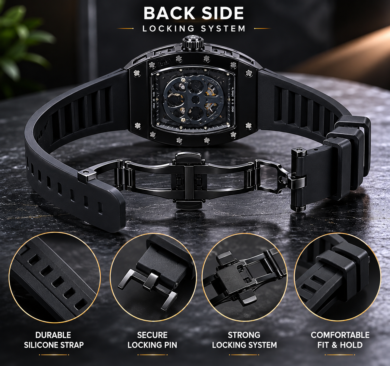 Skull Transparent Skeleton Matte Sport Watch – Luxury Metal Tonneau Style Wristwatch with Silicone Strap (Black)