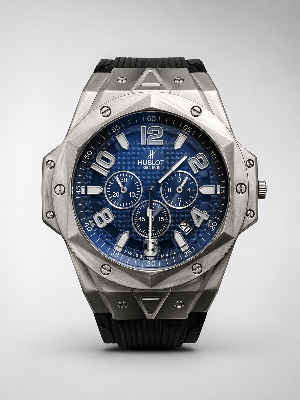 Men's Chronograph Watch Blue Dial Stainless Steel Hexagonal Strap