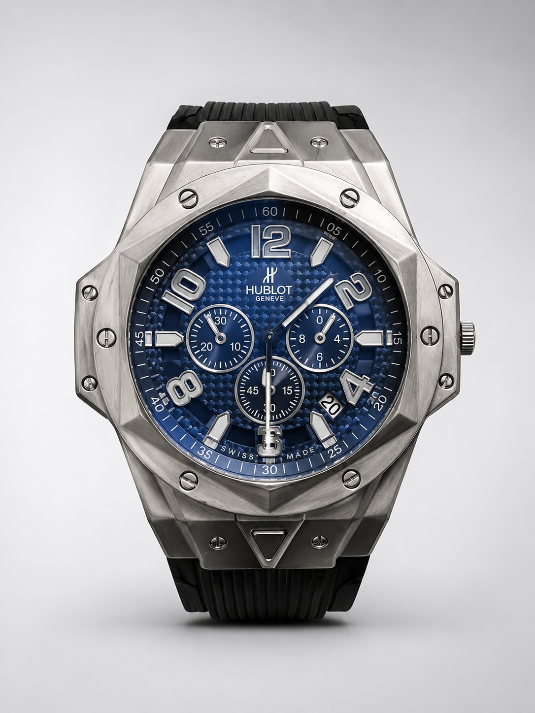 Men's Chronograph Watch Blue Dial Stainless Steel Hexagonal Strap