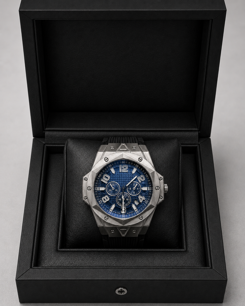 Men's Chronograph Watch Blue Dial Stainless Steel Hexagonal Strap