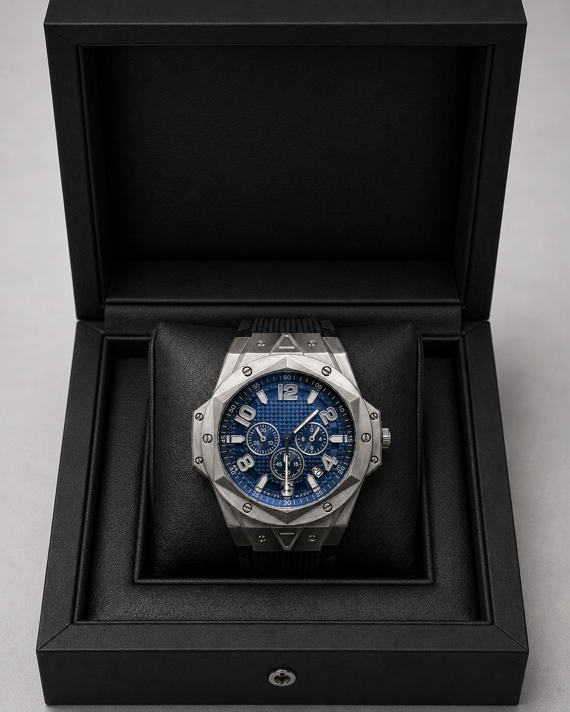 Men's Chronograph Watch Blue Dial Stainless Steel Hexagonal Strap