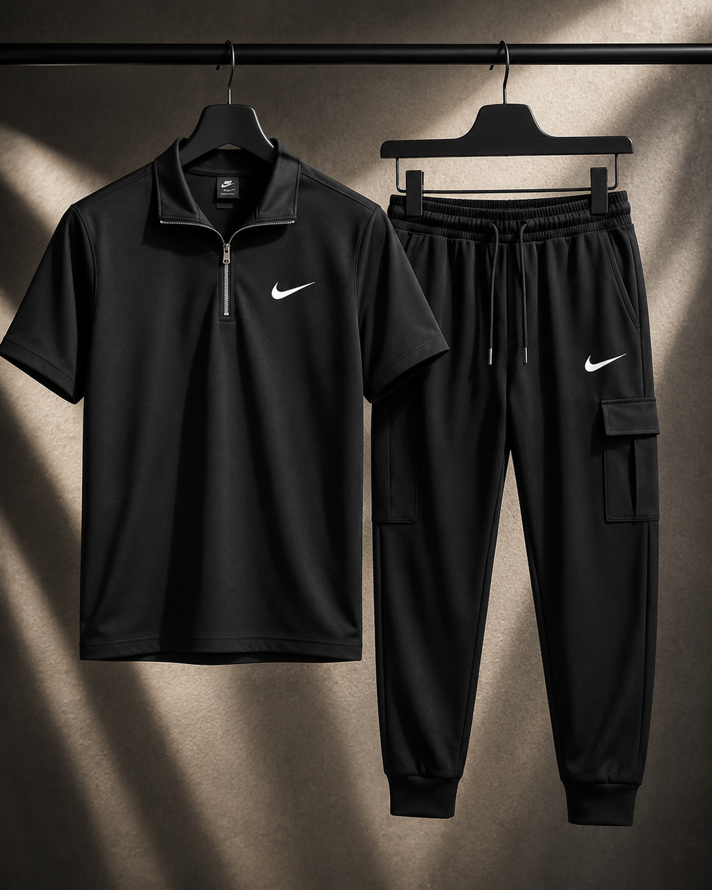 Premium Men's Black Half-Zip T-Shirt & Cargo Trouser Co-Ord Set