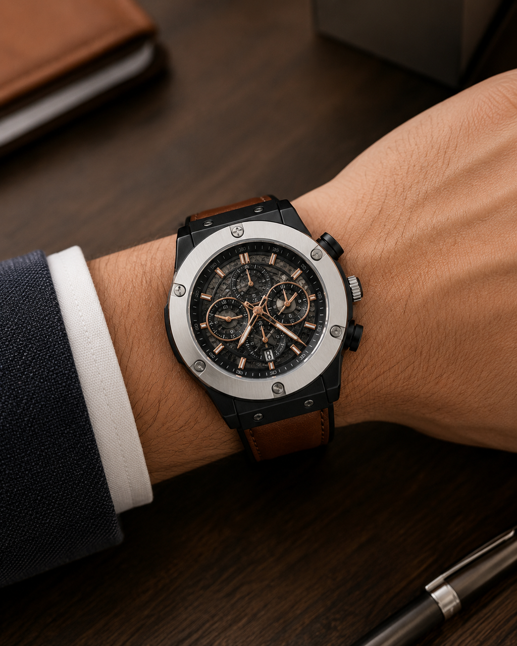Men's Chronograph Watch Brown Leather Strap Stainless Steel