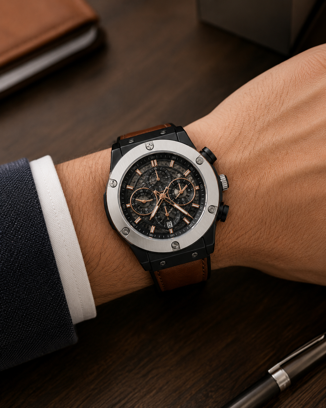 Men's Chronograph Watch Brown Leather Strap Stainless Steel