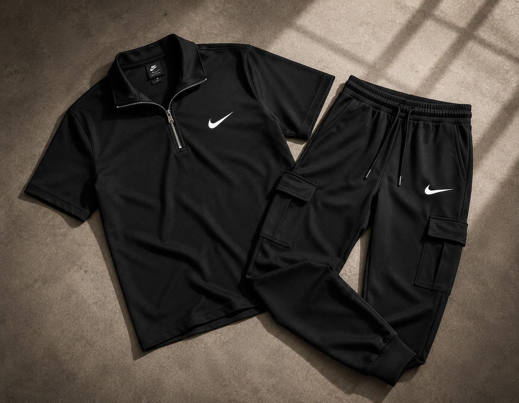 Premium Men's Black Half-Zip T-Shirt & Cargo Trouser Co-Ord Set