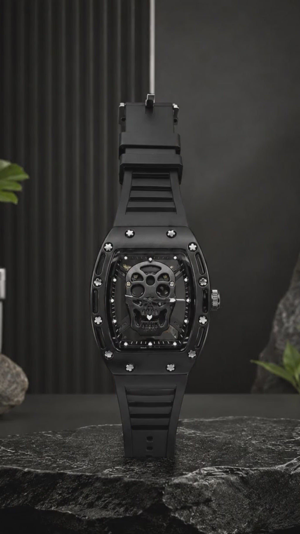 Skull Transparent Skeleton Matte Sport Watch – Luxury Metal Tonneau Style Wristwatch with Silicone Strap (Black)